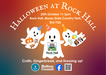 This is the Rock Hall Halloween Graphic. It contains three white ghosts, and it states that the event is at Rock Hall between 11-3 on the 25th October.