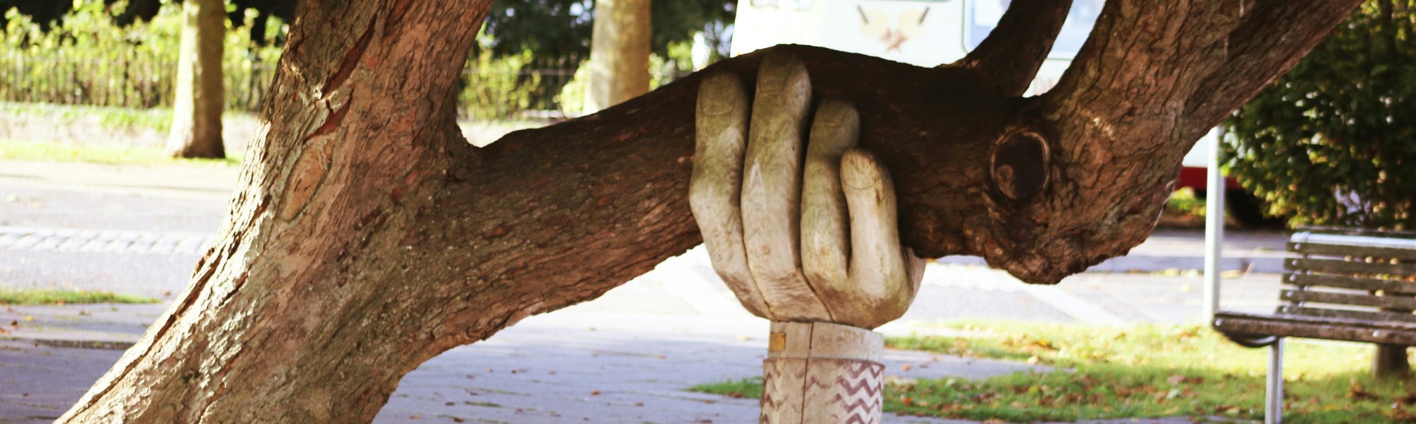Large tree limb being supported by wooden carving of a hand